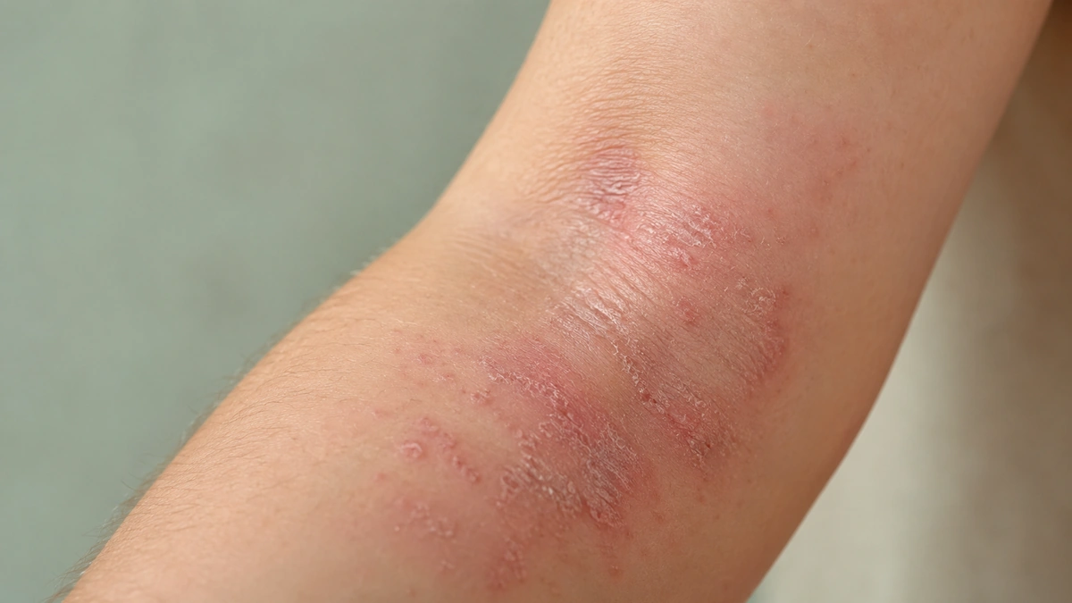 Close-up of dry, red, scaly skin patches on the inner elbow representing psoriasis symptoms.
