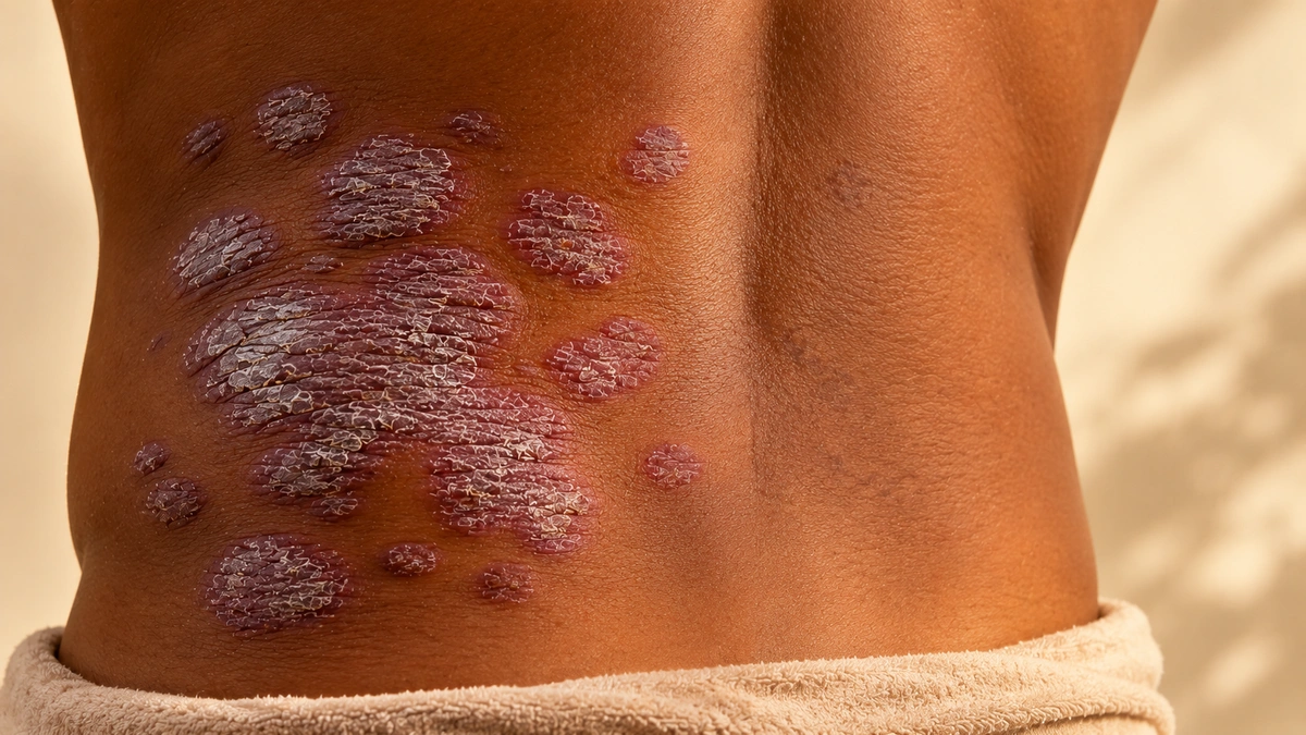 Lower back with visible psoriasis plaques and silvery scaling on deeper skin tone.