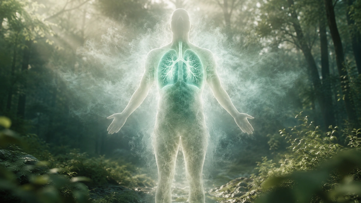 Full-body silhouette with glowing lungs, surrounded by soft forest mist and morning light.