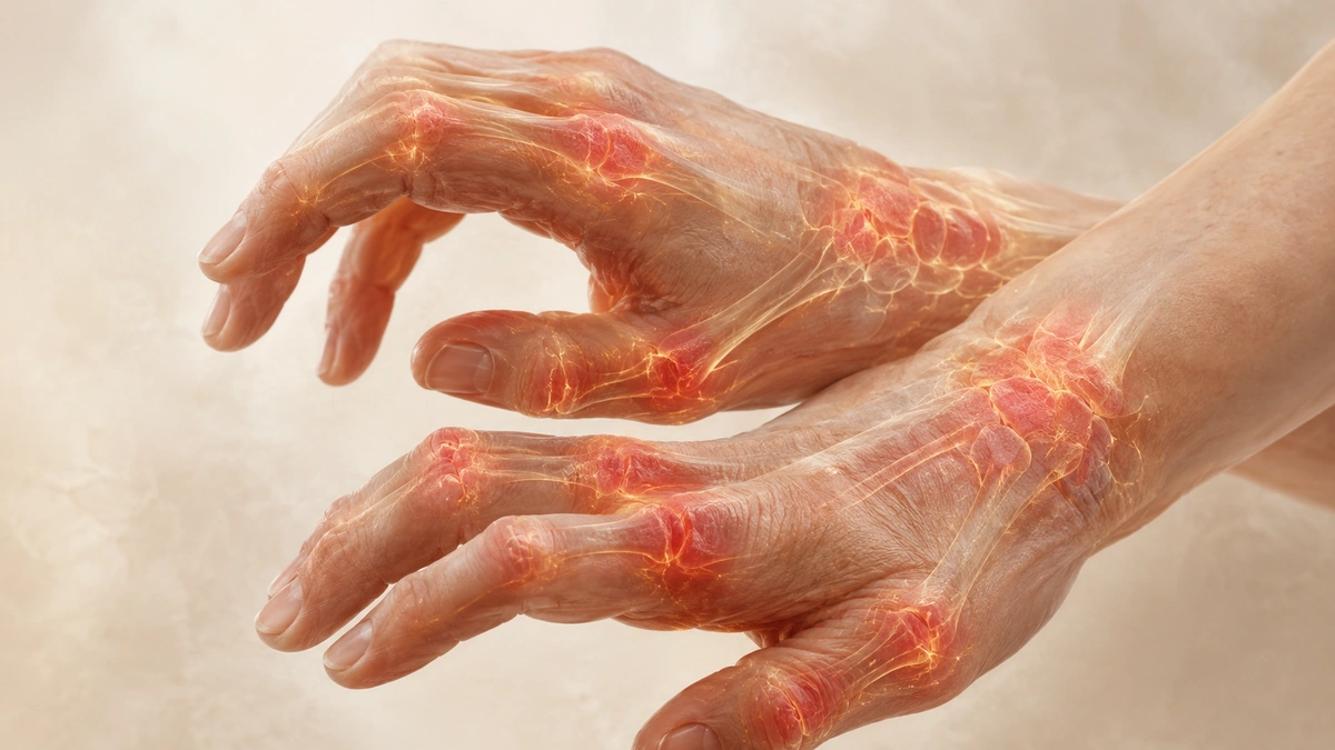 Close-up of both hands with inflamed finger and wrist joints highlighted by warm glowing internal joint structures.