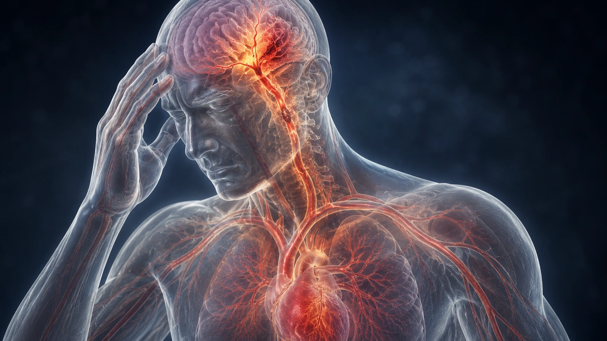 Translucent upper body showing brain and blood vessels with a highlighted stroke-affected area.