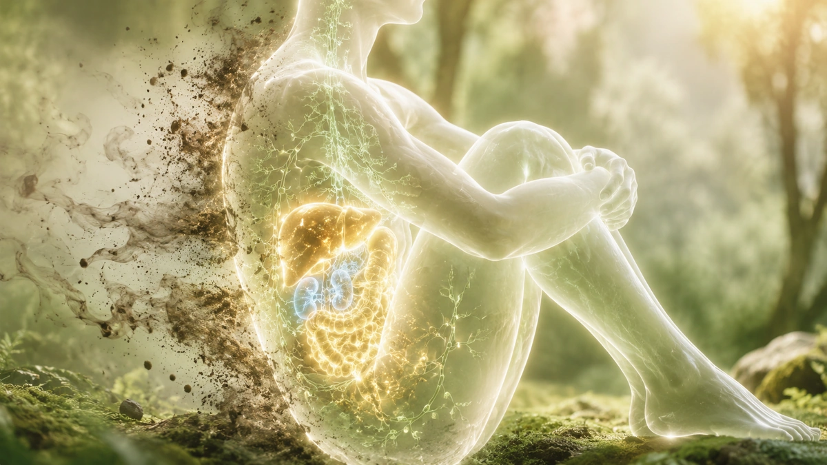 Crystal-clear seated human silhouette with glowing detox organs as dark particles leave the body.