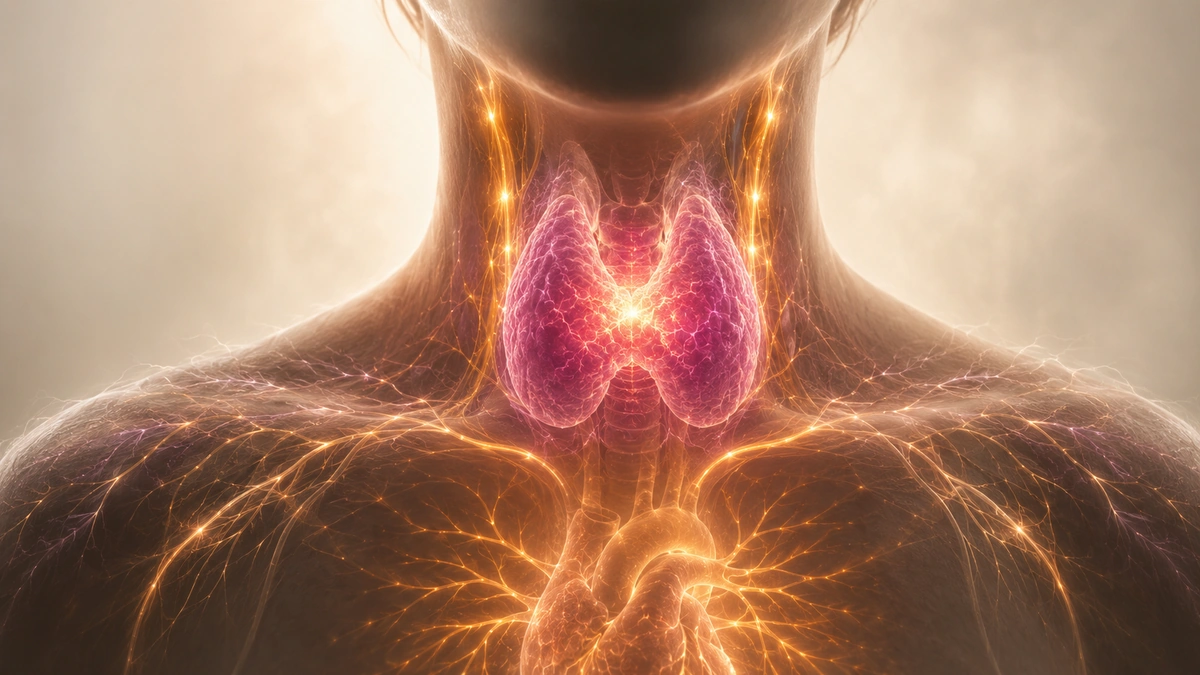 Enlarged glowing thyroid gland in a neck and upper chest silhouette, with warm golden pathways extending through the body.