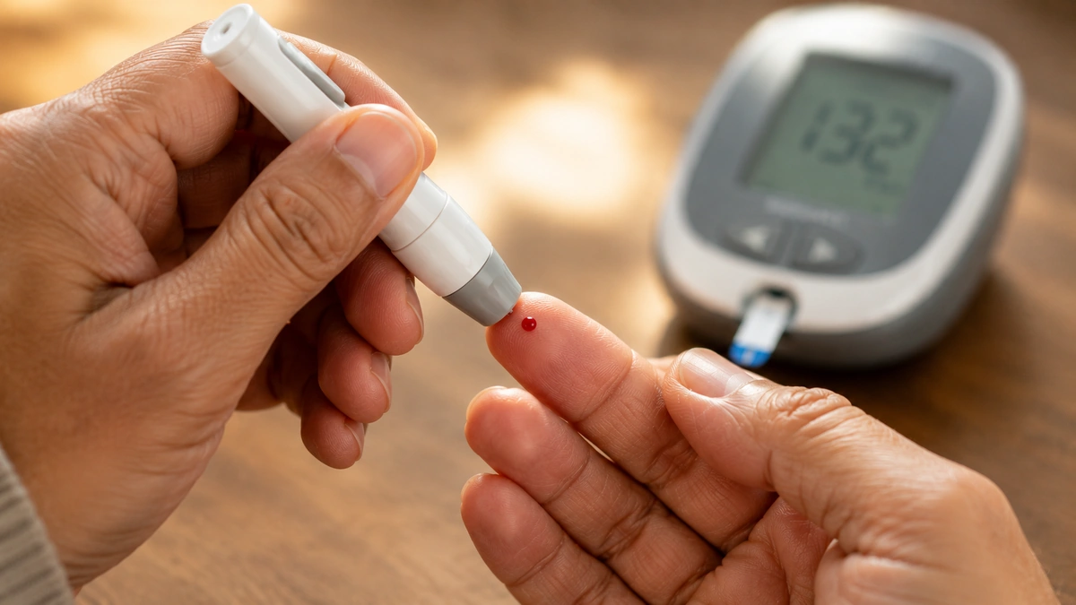 Close-up of hands using a lancet for blood glucose testing with a glucose meter in the background.