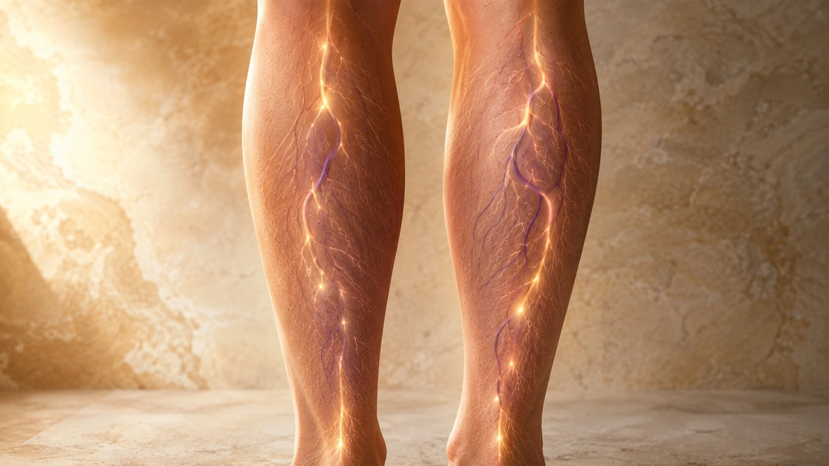 Close-up of lower legs with softly glowing internal veins and warm upward circulation lines.
