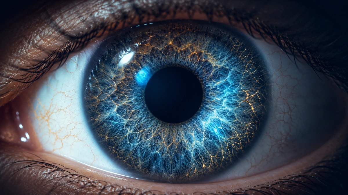 Extreme close-up of a blue eye with luminous iris detail and delicate golden vessel-like tracery.