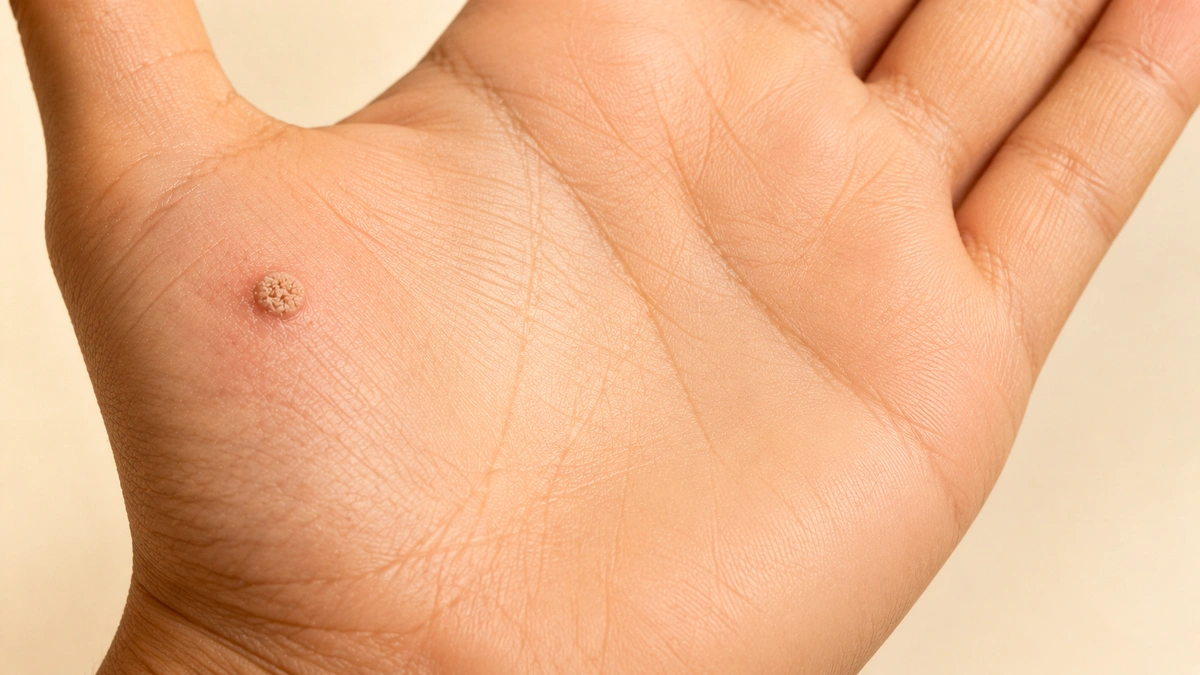 Open palm with a small common wart near the base of the thumb.