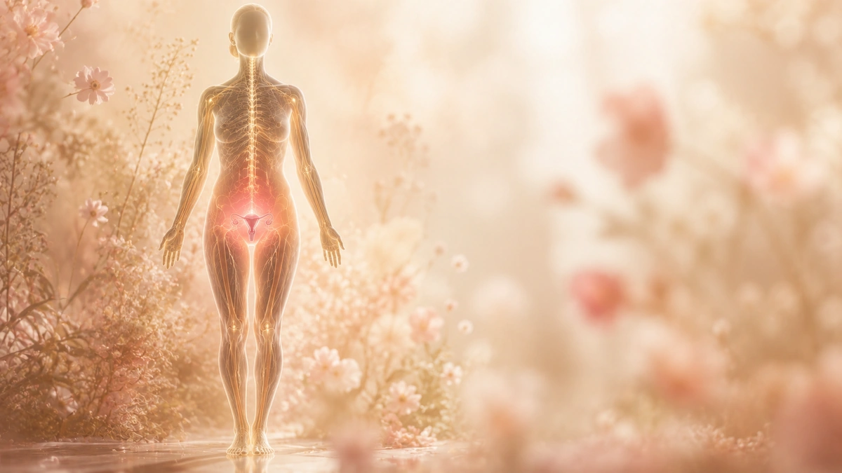 Feminine silhouette with a soft rose-gold glow in the pelvic region, surrounded by delicate blush-toned botanicals.