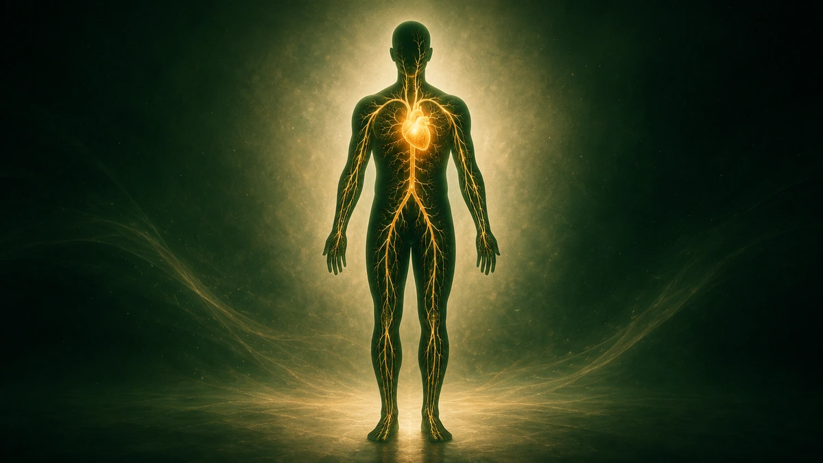 Golden cardiovascular system glowing within a dark green human silhouette on a warm illuminated background.
