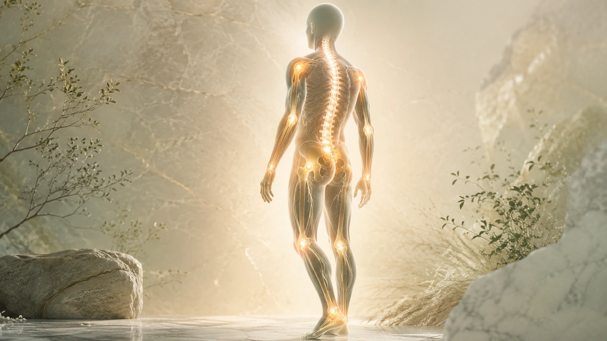 Three-quarter human silhouette with glowing spine, hips and knee joints against a softly lit mineral stone background.