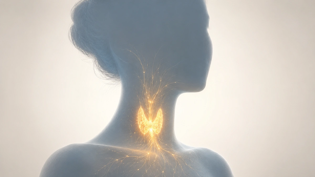 Head and neck silhouette with a softly glowing thyroid gland at the base of the throat.