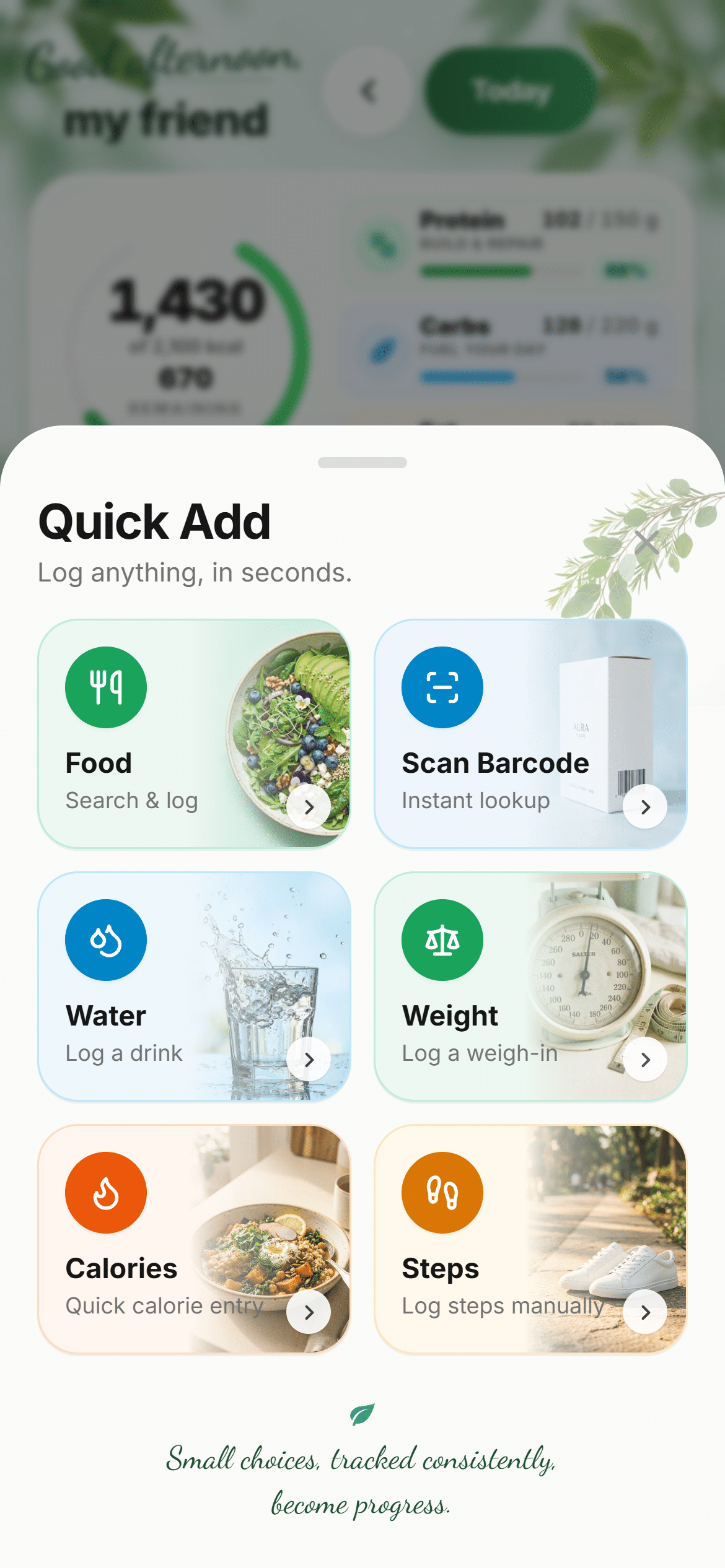 NutriTrack Quick Add menu with food, barcode, water, weight, calories and steps options.